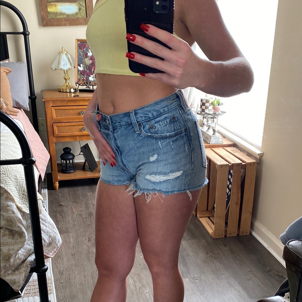 Levi's 501 Blue Jean Denim Distresses High Waisted Cutoff Shorts — Women’s 29